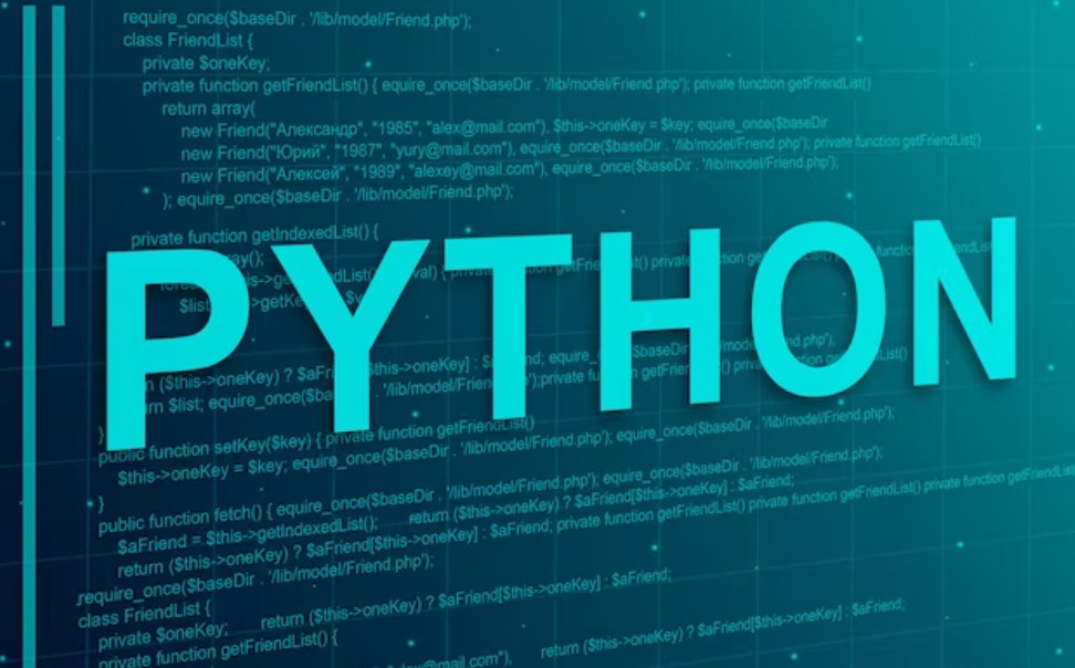 the word ‘PYTHON” with code lines in the background