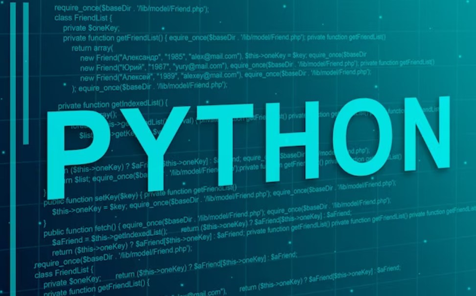 the word ‘PYTHON” with code lines in the background