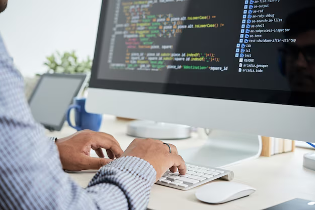 A man writes program code on a computer, close-up