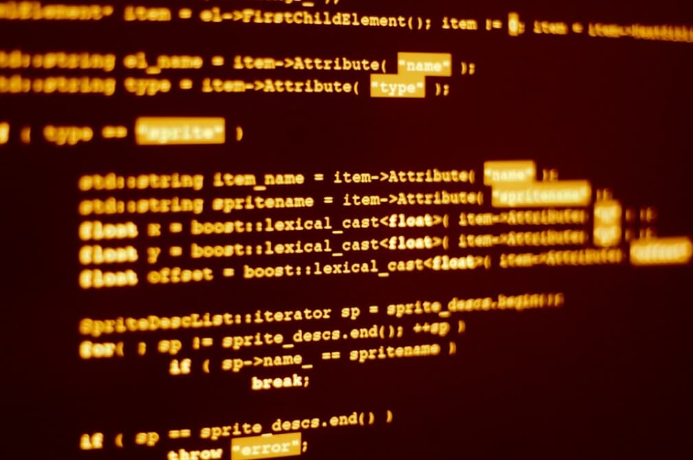 Close-up of computer screen displaying programming code