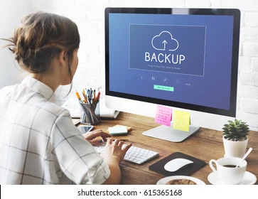 Person working on laptop, performing a backup