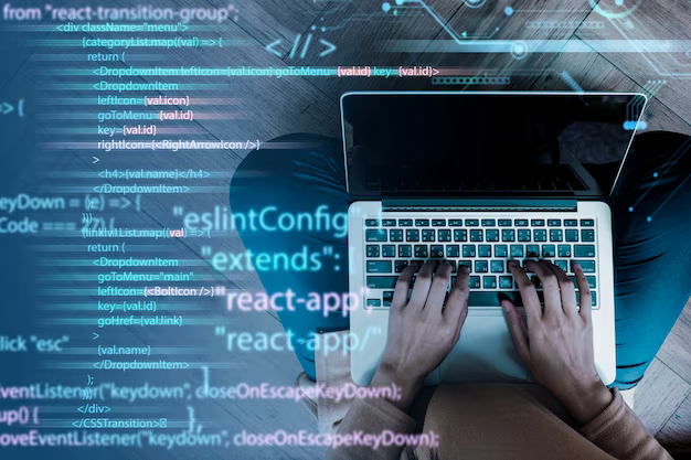 Hands on laptop keyboard, program code in foreground