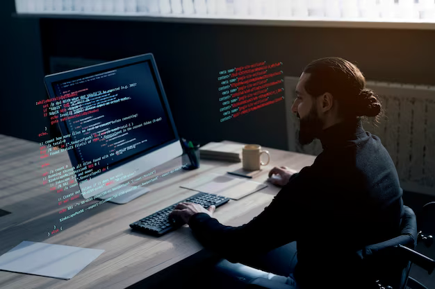 A man works at a computer, program code is in the foreground