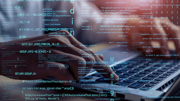 Hands on a laptop keyboard, program code in the foreground