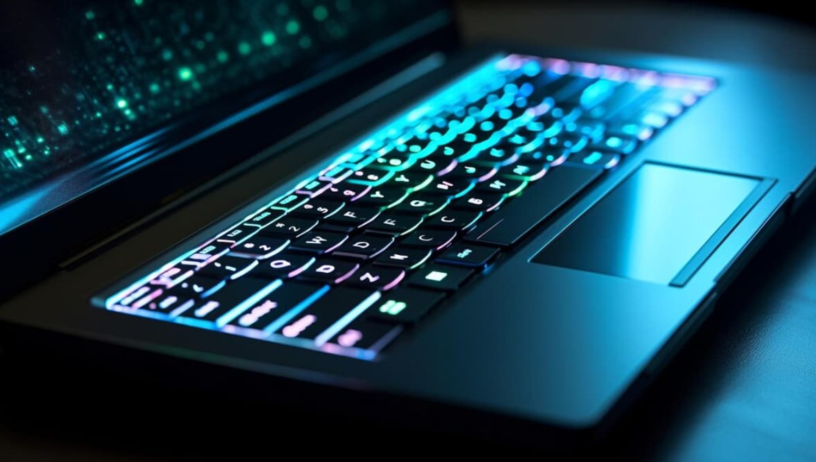 a laptop keyboard with a neon lighting
