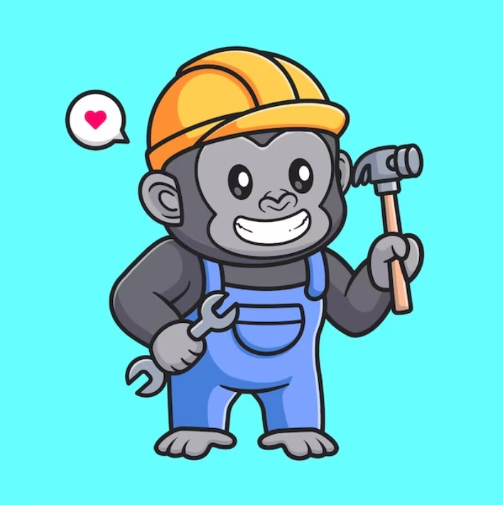 a cartoonish smiling monkey in a yellow construction helmet holding a wrench and a hammer