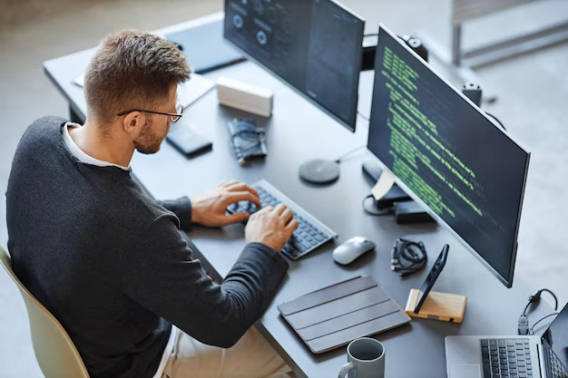 Rear view of a man writing program code on a computer