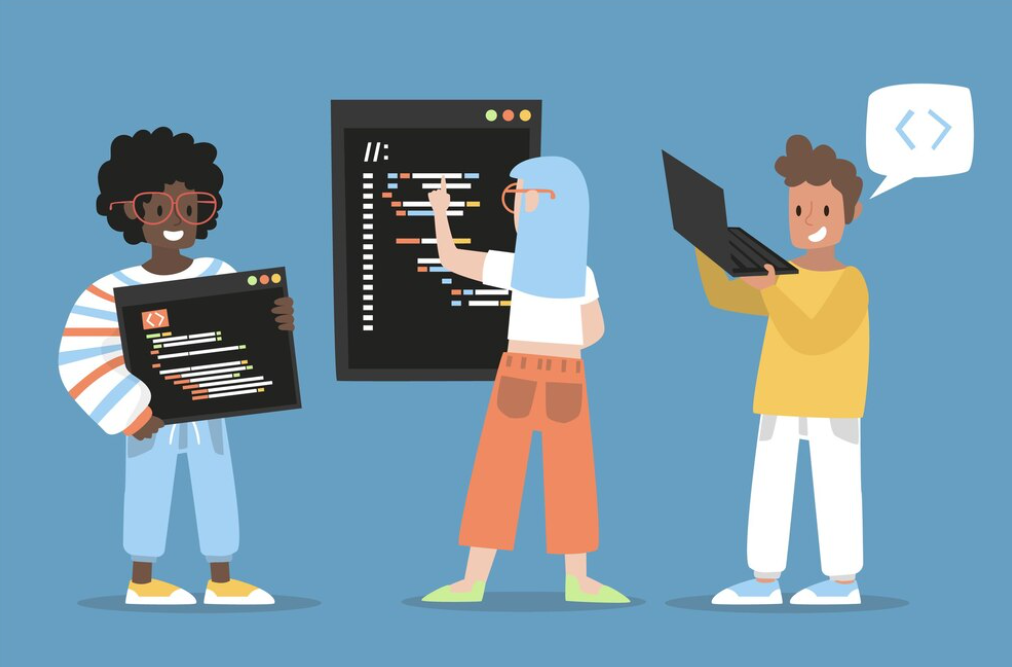 Three people sharing and discussing code on devices